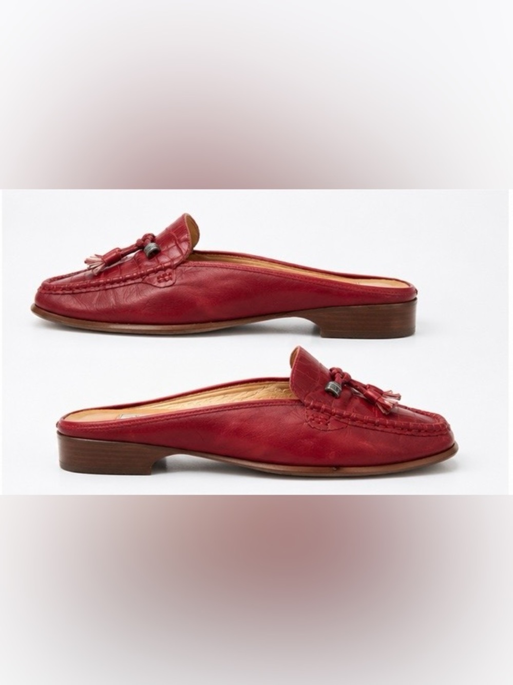 Brighton Julie Red Croc Embossed Leather Mule Loafers Tassel Slides Sz 10 - Picture 3 of 8